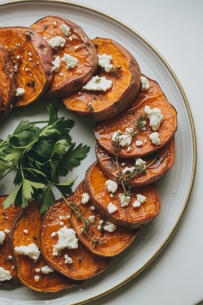 Roasted Sweet Potato Rounds with Honey & Feta 3 GQG3KTe Qmq9nhb5GETeqg