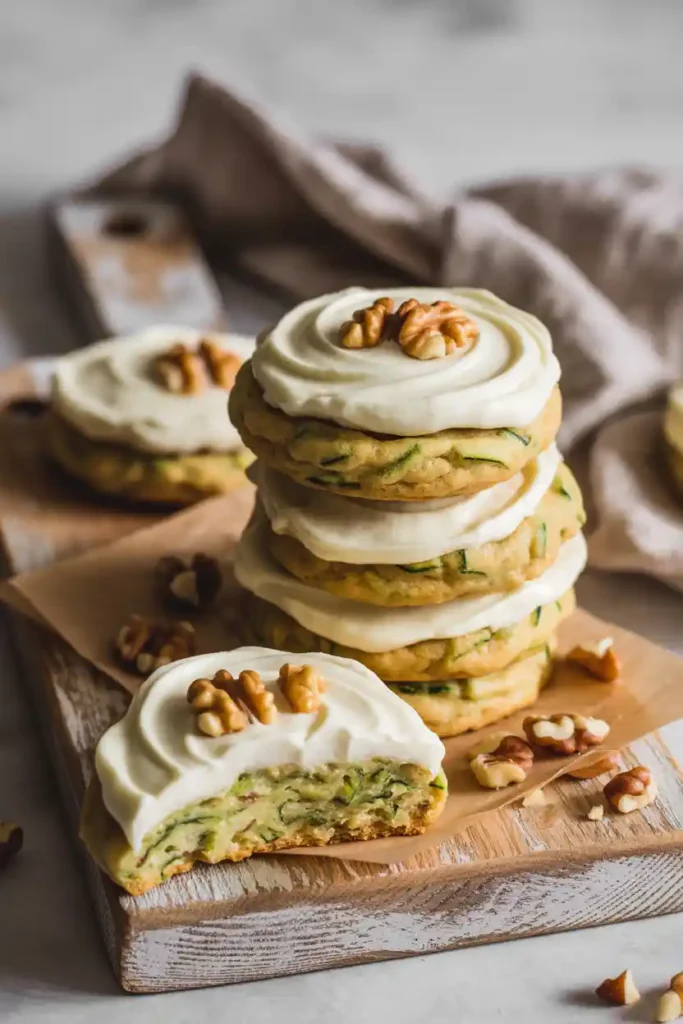 Soft, spiced zucchini cookies topped with a rich and tangy cream cheese frosting—perfect for late summer baking or cozy year-round treats!