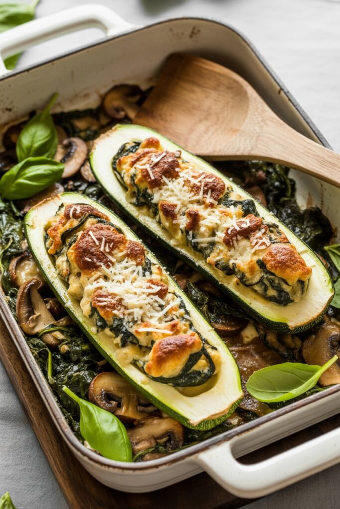 Spinach, Mushroom, and Ricotta Stuffed Zucchini Boats 1 Z4xG6ljXSTCapDDZNmeZ9g